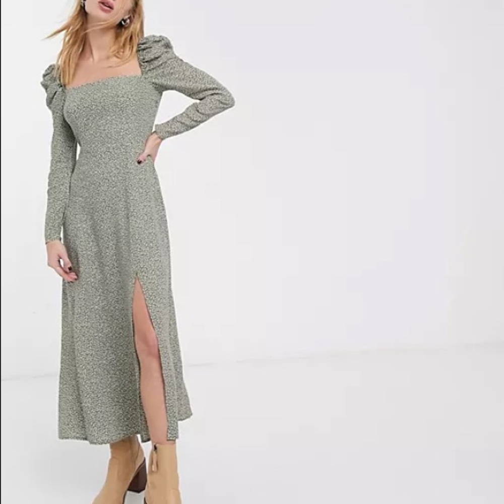 NWOT AND OTHER STORIES PUFF SLEEVE MIDI DRESS GREEN
